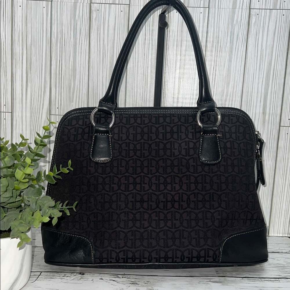Gianni Bini Black Jacquard Logo Satchel Tote Handbag Leather Trim Structured Bag